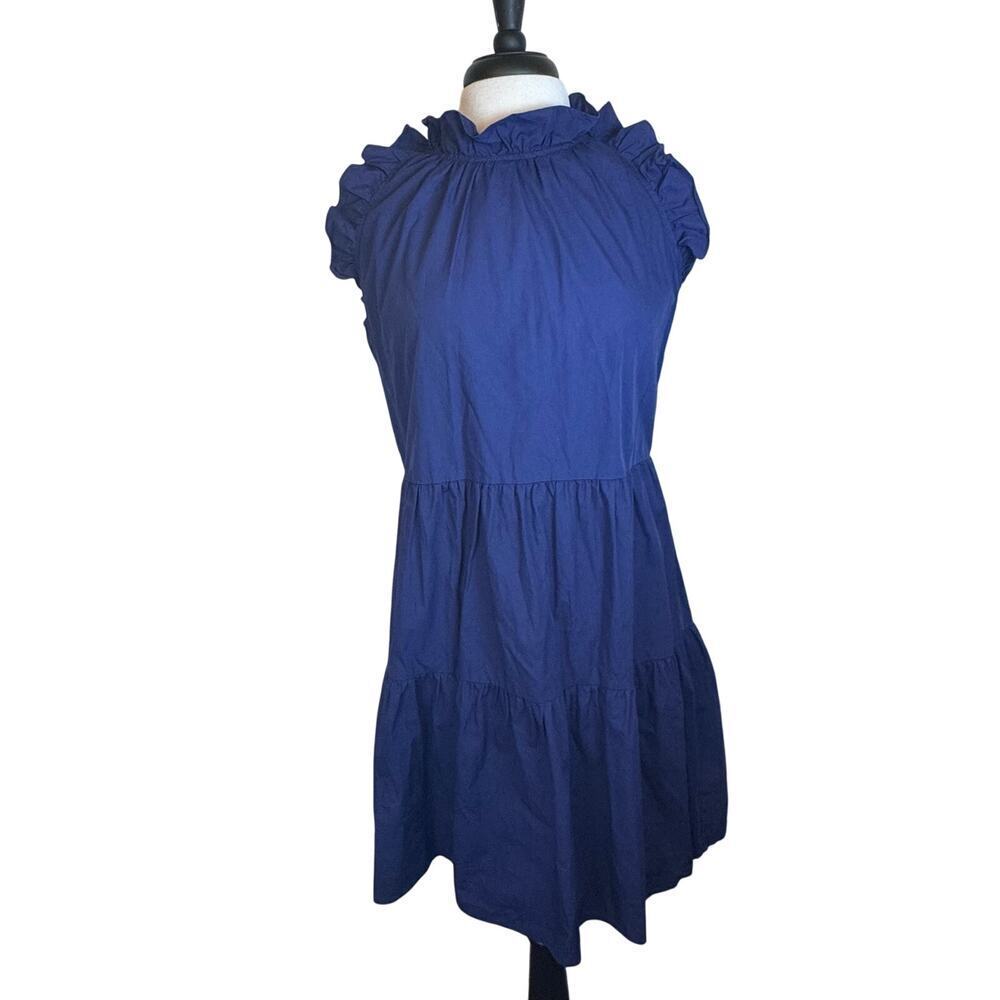 MAZIK Blue Ruffled Collar and Sleeves Tiered Mini Short Dress 100% Cotton‎ Sz M